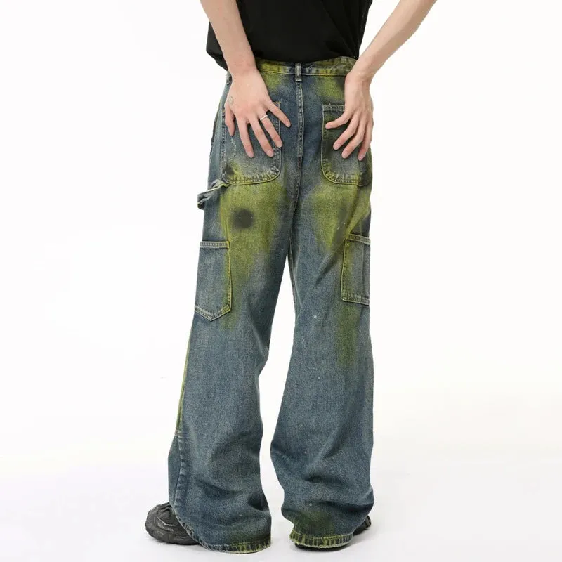 American Style Men's Jeans Worn-out Tie-dye Hole Casual Male Denim Pants Patchwork Contrast Color Menwear Tide 9C6512