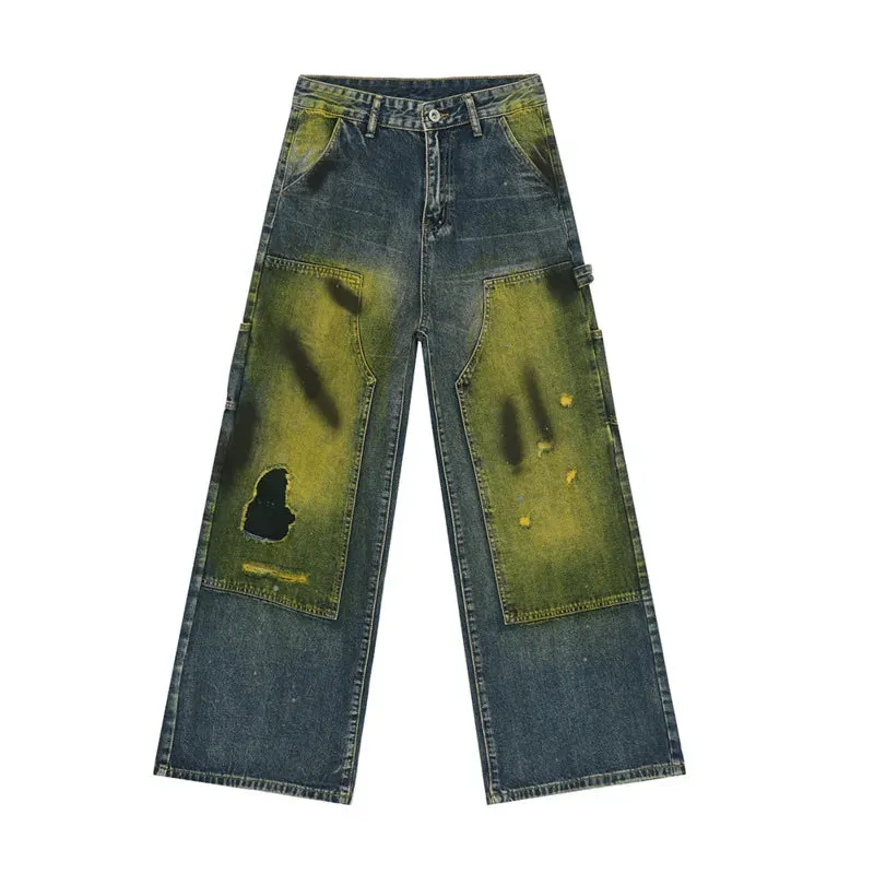 American Style Men's Jeans Worn-out Tie-dye Hole Casual Male Denim Pants Patchwork Contrast Color Menwear Tide 9C6512