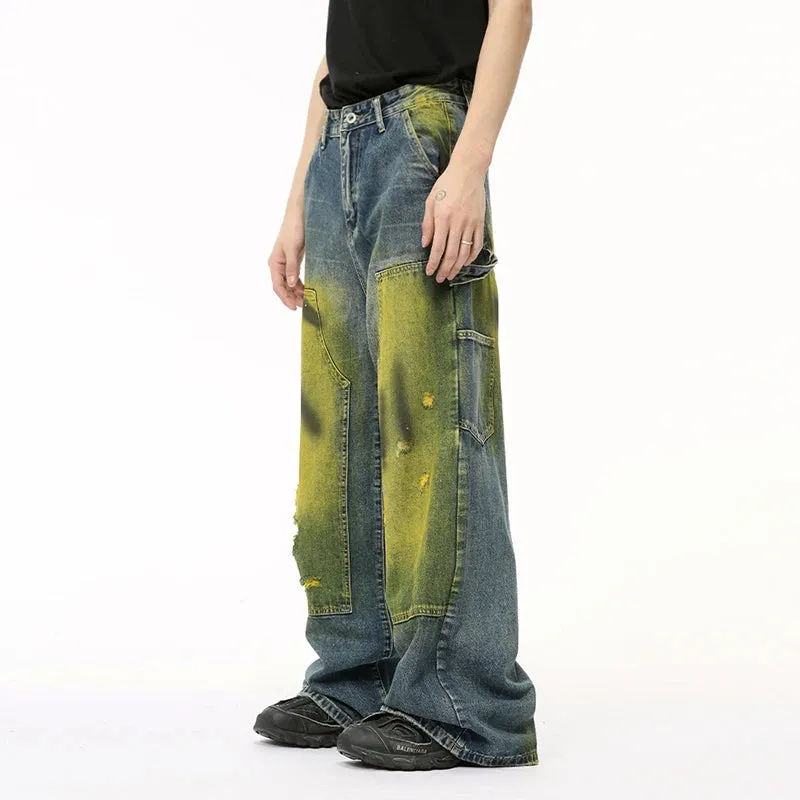 American Style Men's Jeans Worn-out Tie-dye Hole Casual Male Denim Pants Patchwork Contrast Color Menwear Tide 9C6512