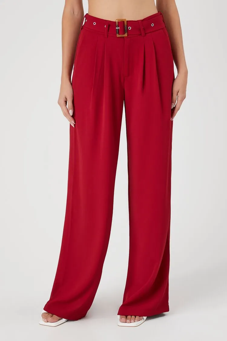 Belted Pleated Wide-Leg Pants