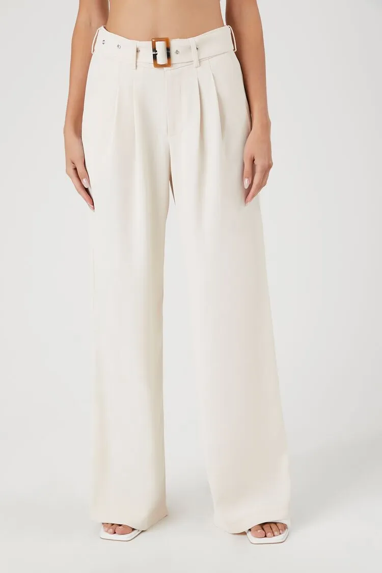 Belted Pleated Wide-Leg Pants