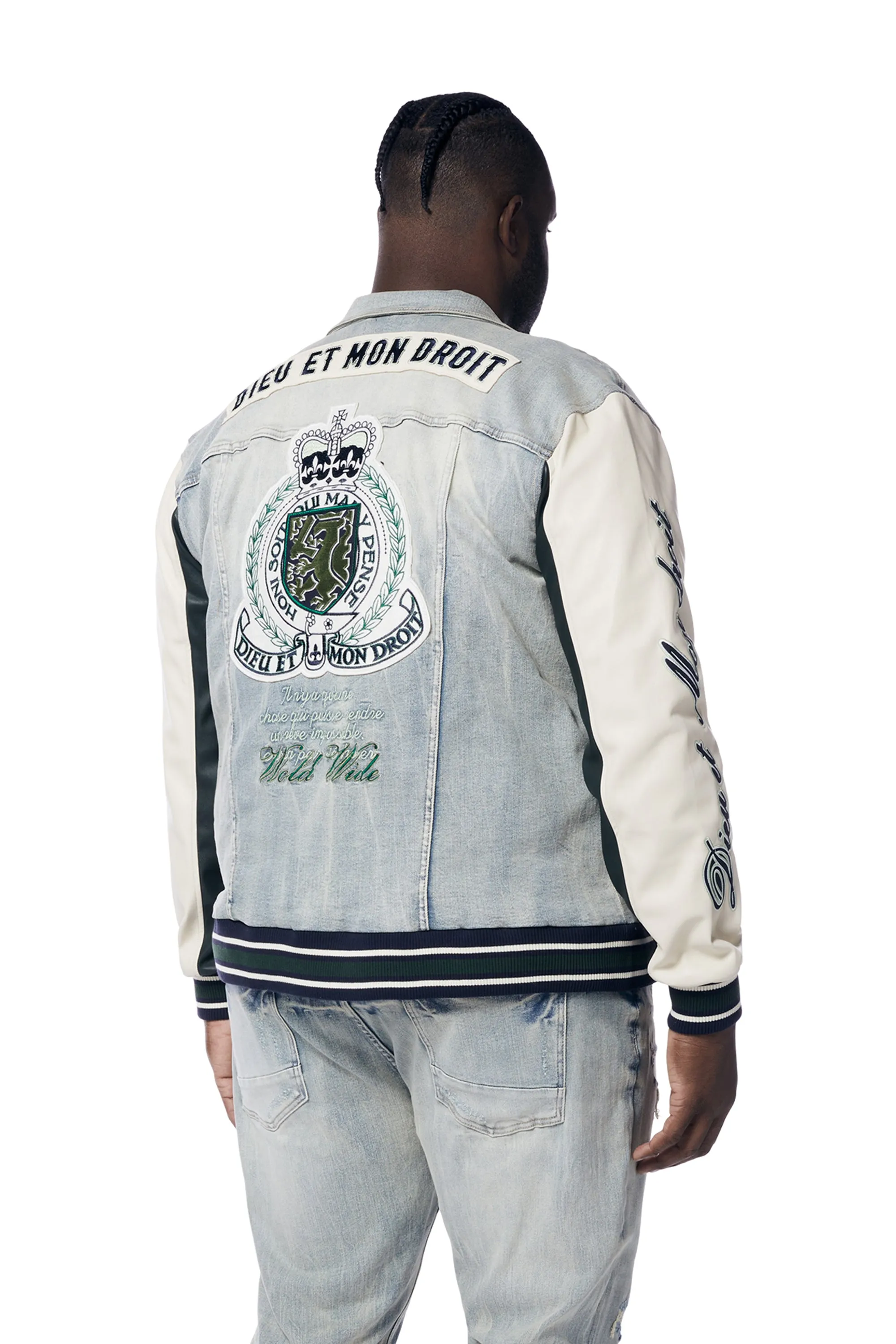 Big and Tall - Preppy Crest Embroidered Jean Jacket - Cascade Blue