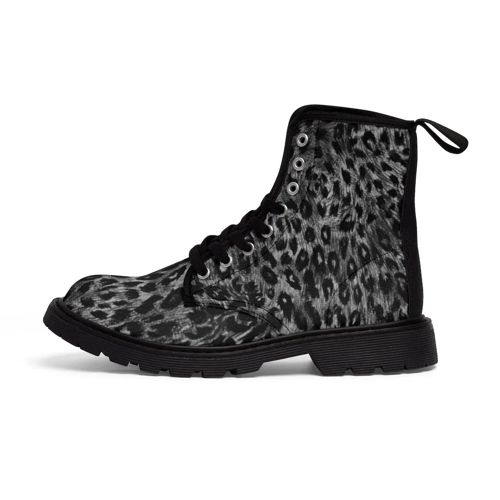 Black Leopard Women's Canvas Boots, Best Leopard Animal Print Winter Boots For Ladies