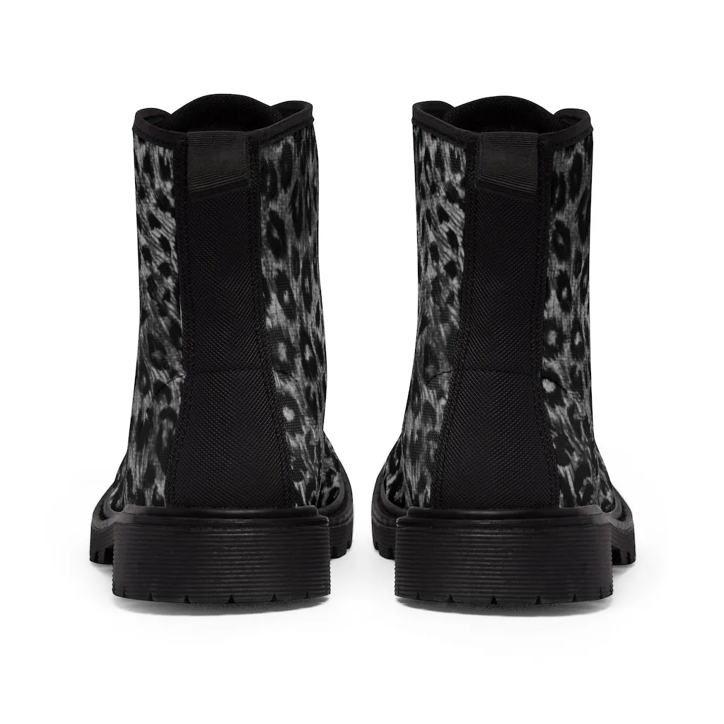 Black Leopard Women's Canvas Boots, Best Leopard Animal Print Winter Boots For Ladies