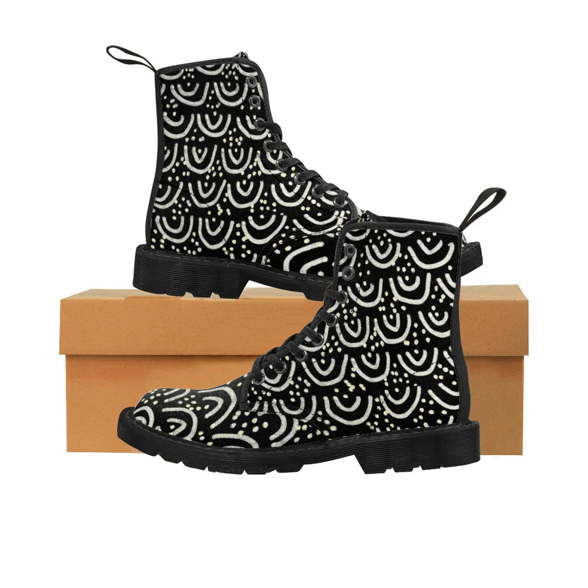 Black Mermaid Women's Boots, Geometric Winter Lace-up Toe Cap Tall Hiker Boots Shoes