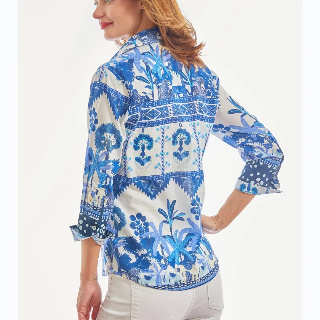 Blue & White Tropical Ikat Shirt