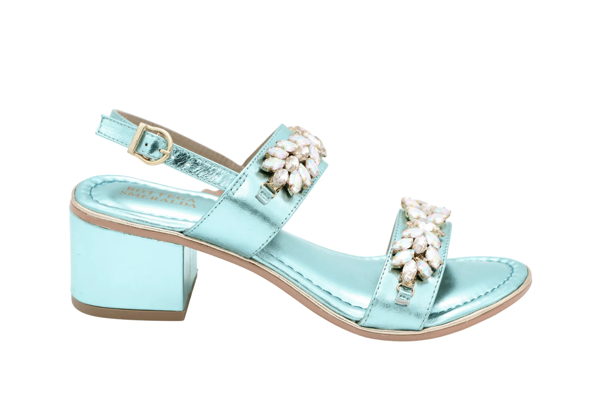 BOTTEGA Aqua Blue Leather Embellished Block Heel Sandal