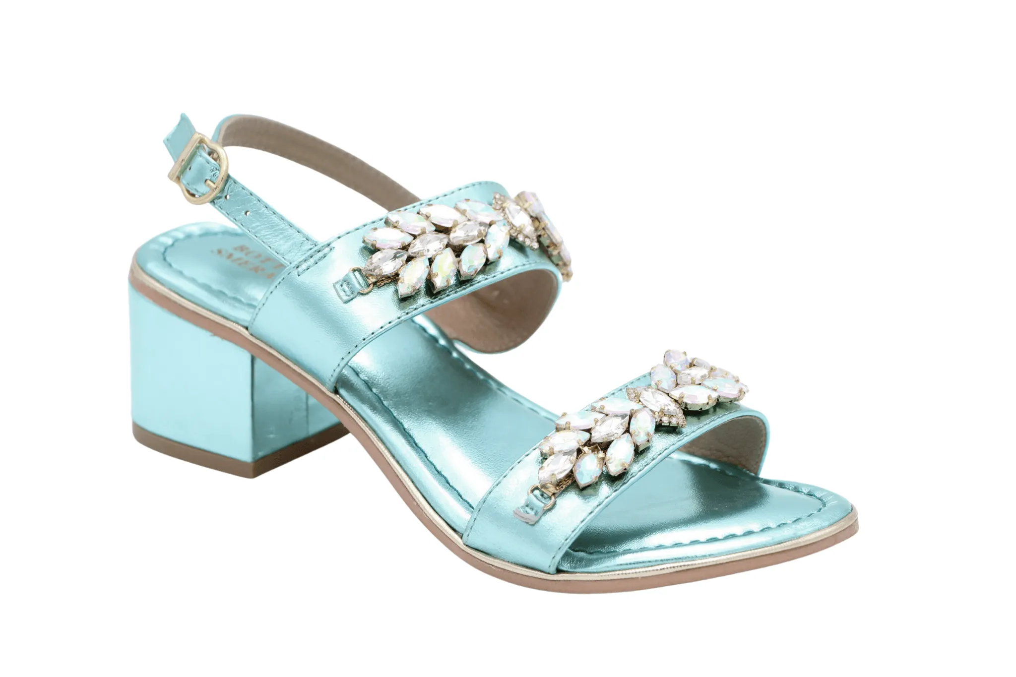 BOTTEGA Aqua Blue Leather Embellished Block Heel Sandal