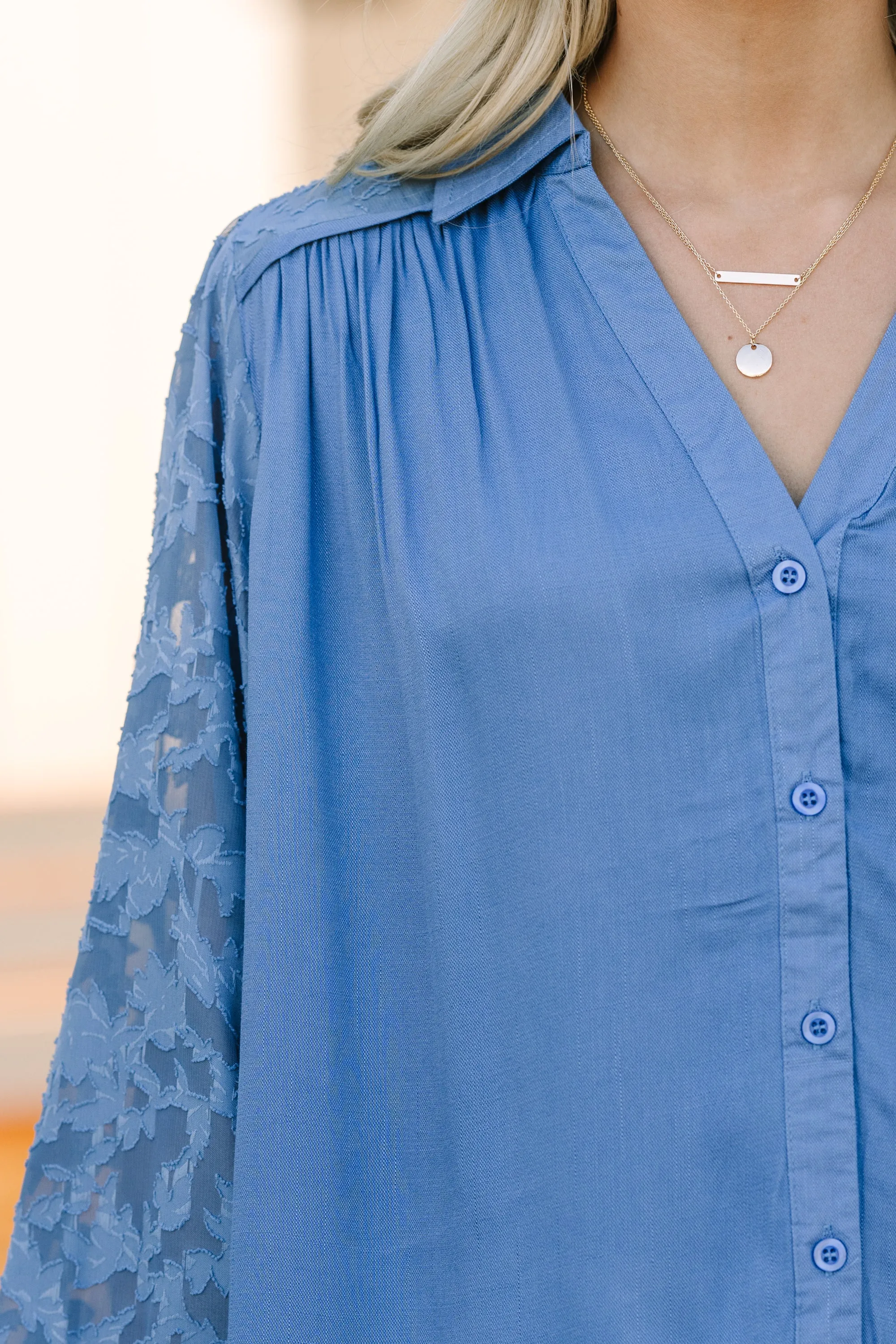 Certain Love Dusty Blue Lace Sleeve Blouse