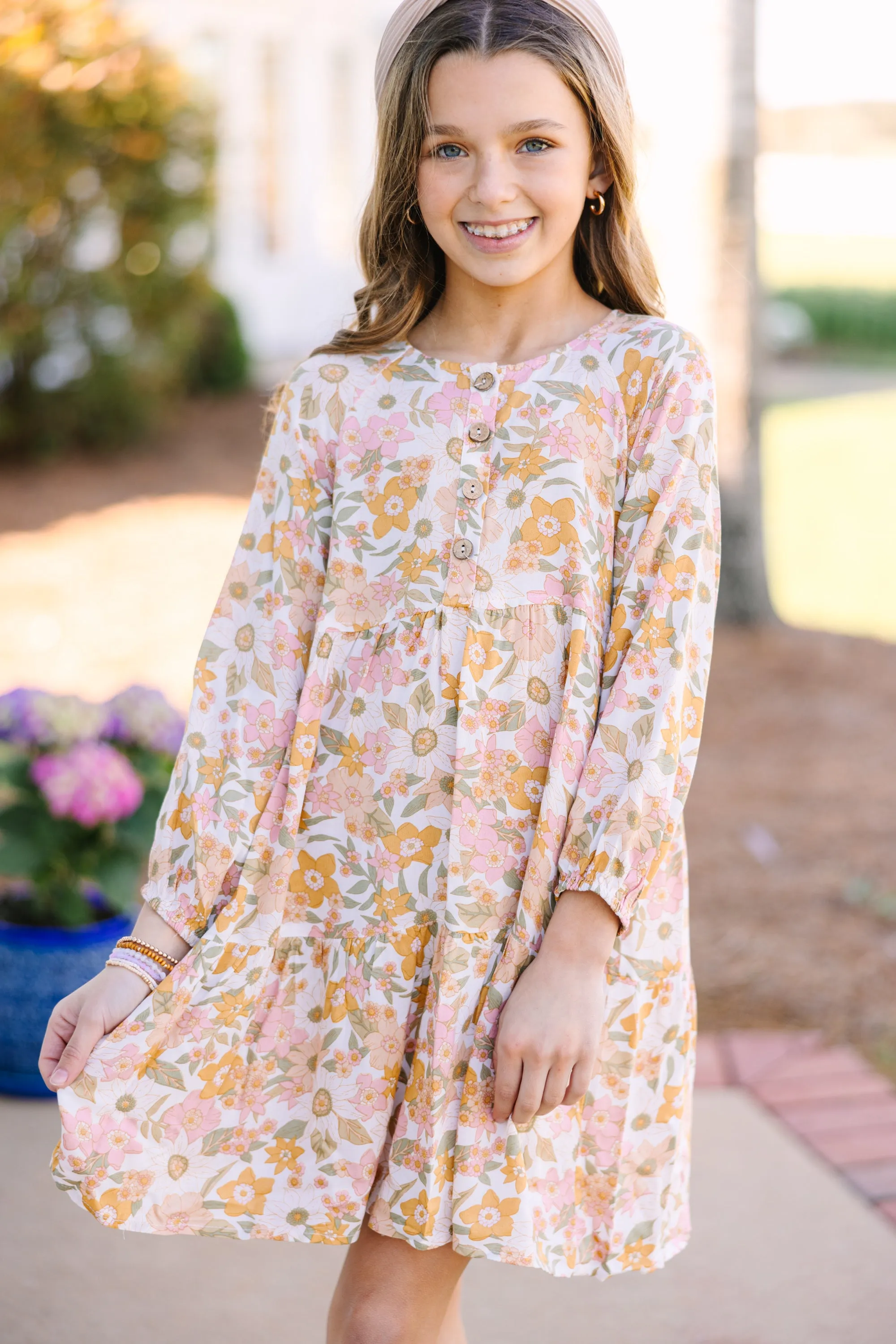 Girls: Get Moving Mustard Yellow Floral Dress