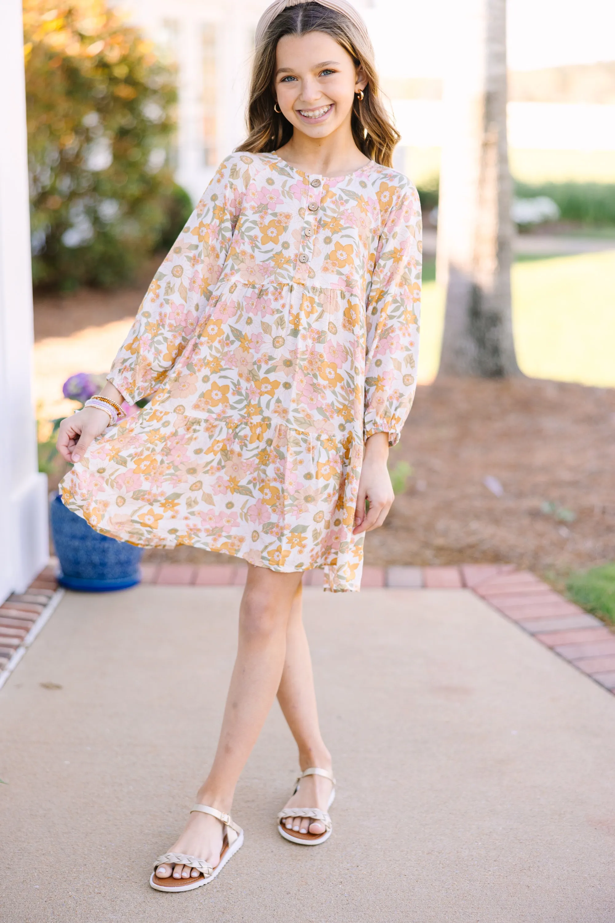 Girls: Get Moving Mustard Yellow Floral Dress