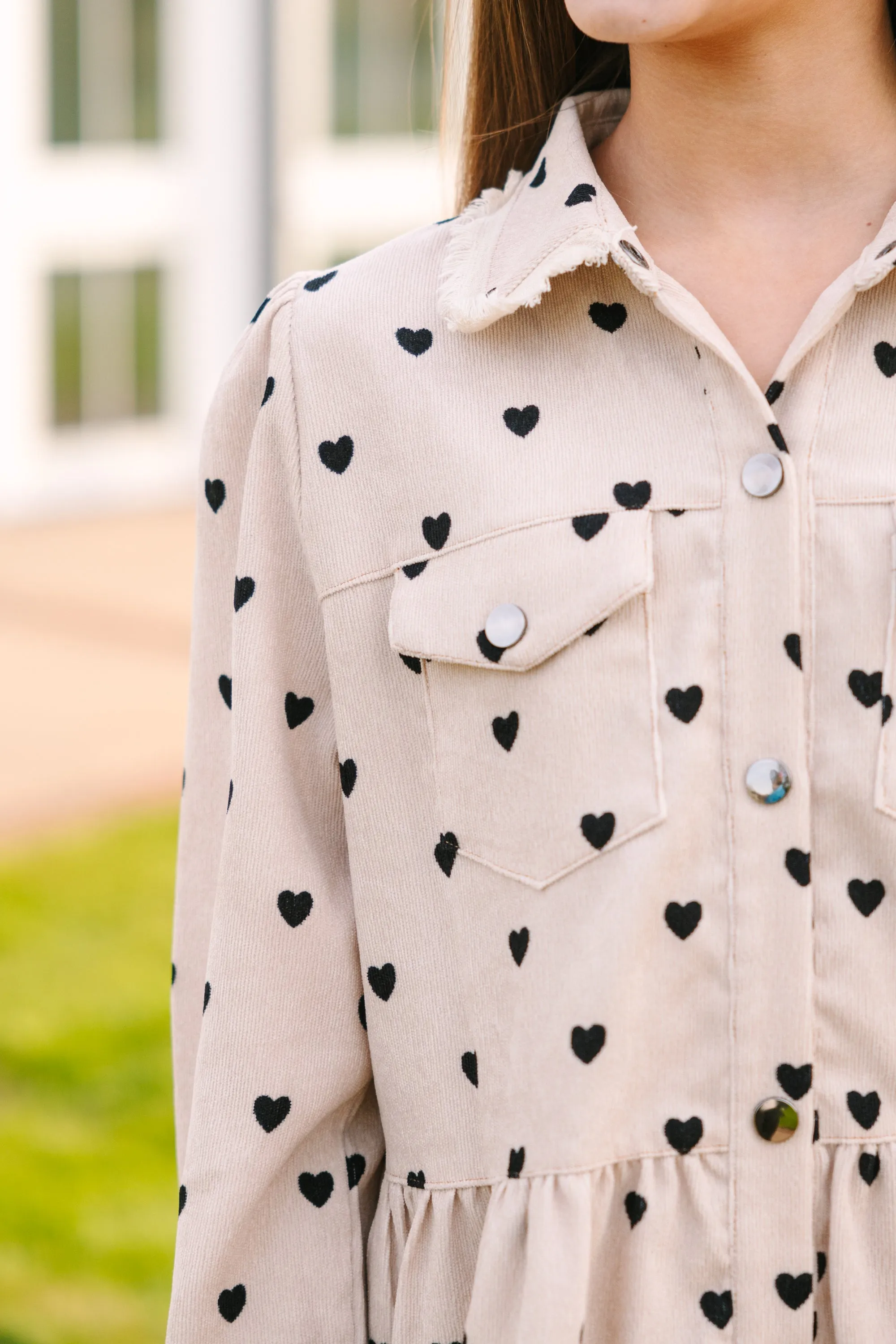 Girls: Just So You Oatmeal Brown Heart Print Babydoll Dress