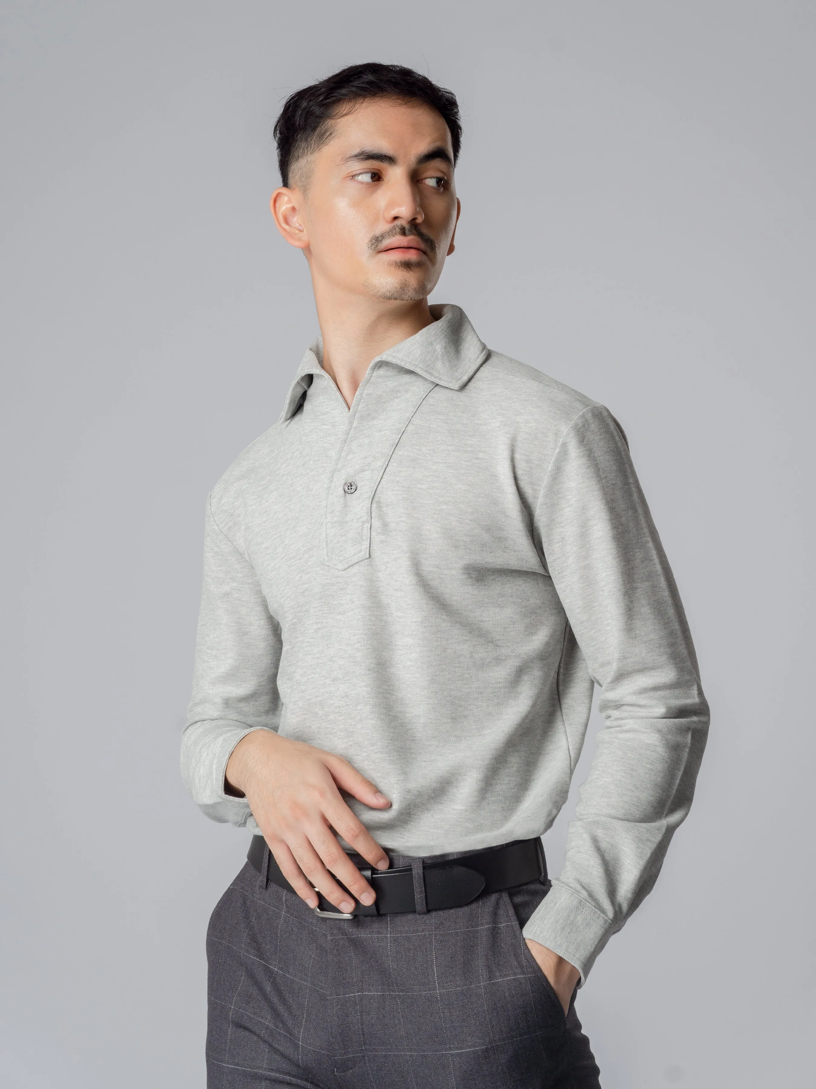 Long Sleeve Polo Shirt - Grey One-Piece Collar Single Button