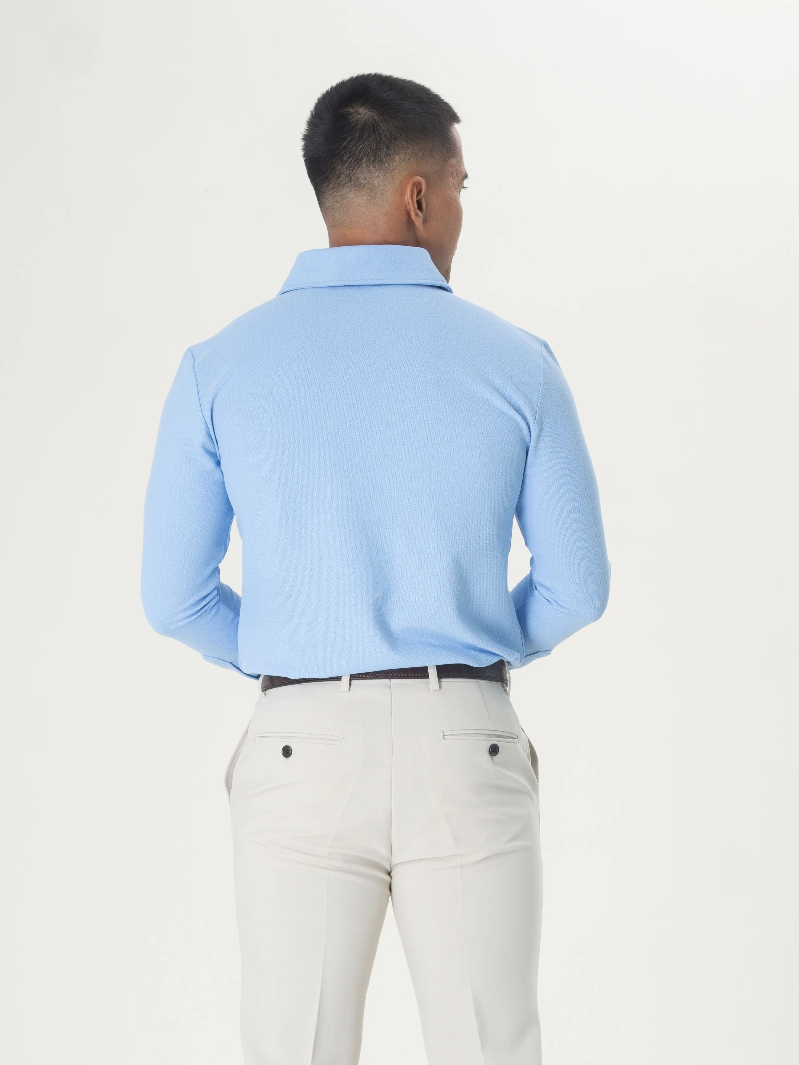 Long Sleeve Polo Shirt - Sky Blue One-Piece Collar Single Button