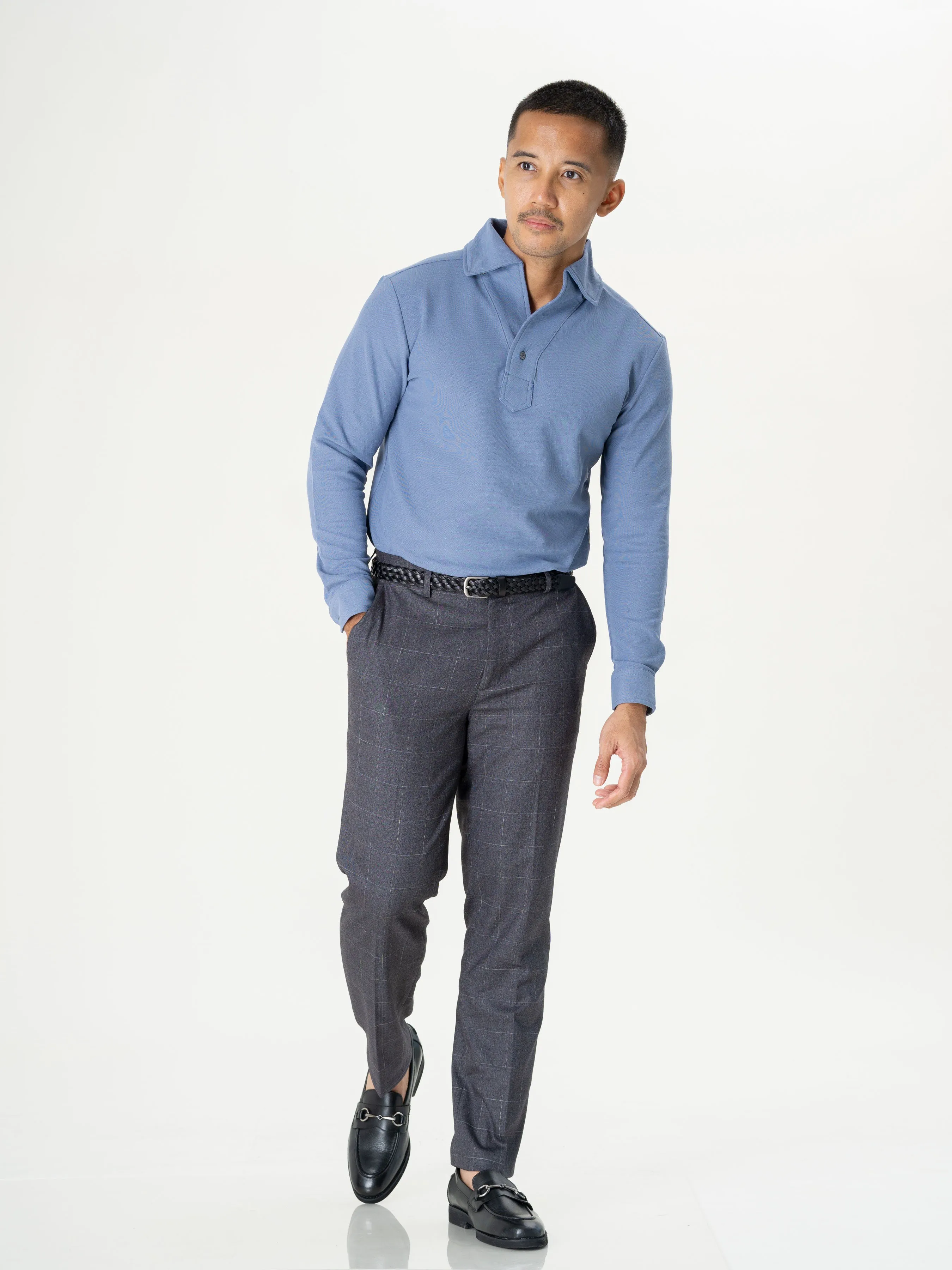 Long Sleeve Polo Shirt - Steel Blue One-Piece Collar Single Button