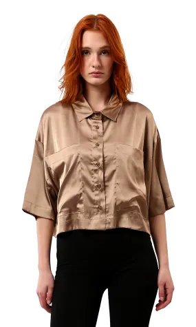 O182044 Dark Gold Shiny Evening Shirt With Front Pockets