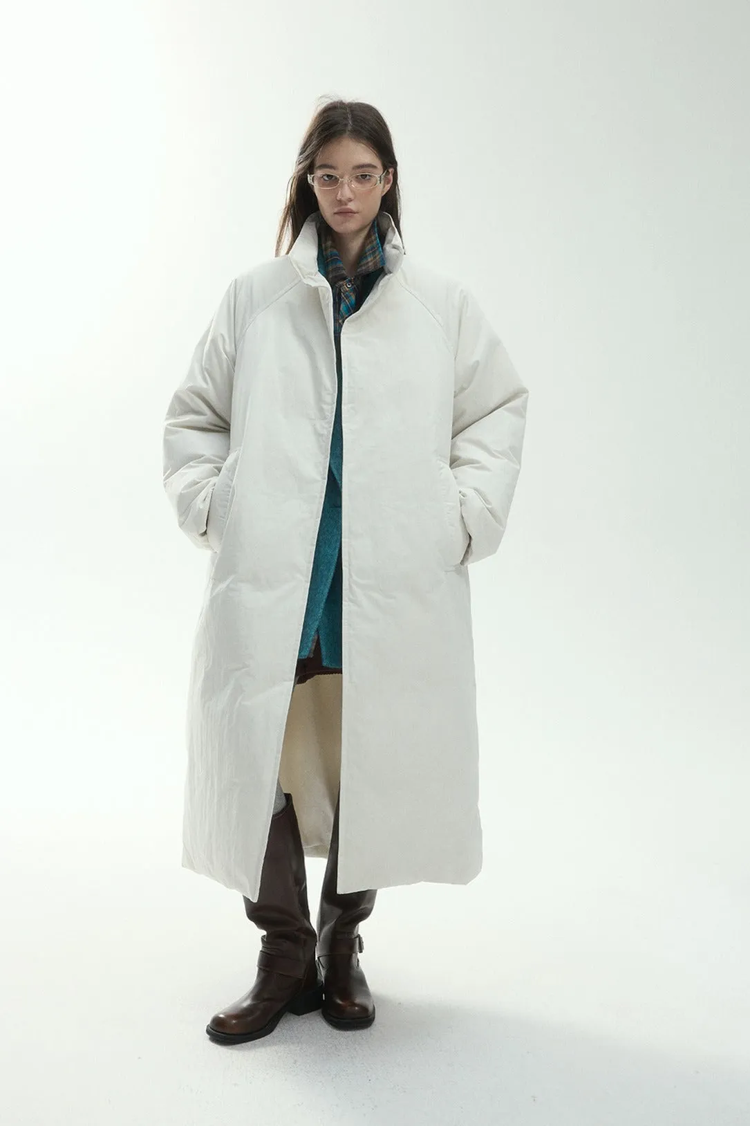 Paper-like textured stand-collar cocoon shape down coat | 3 color