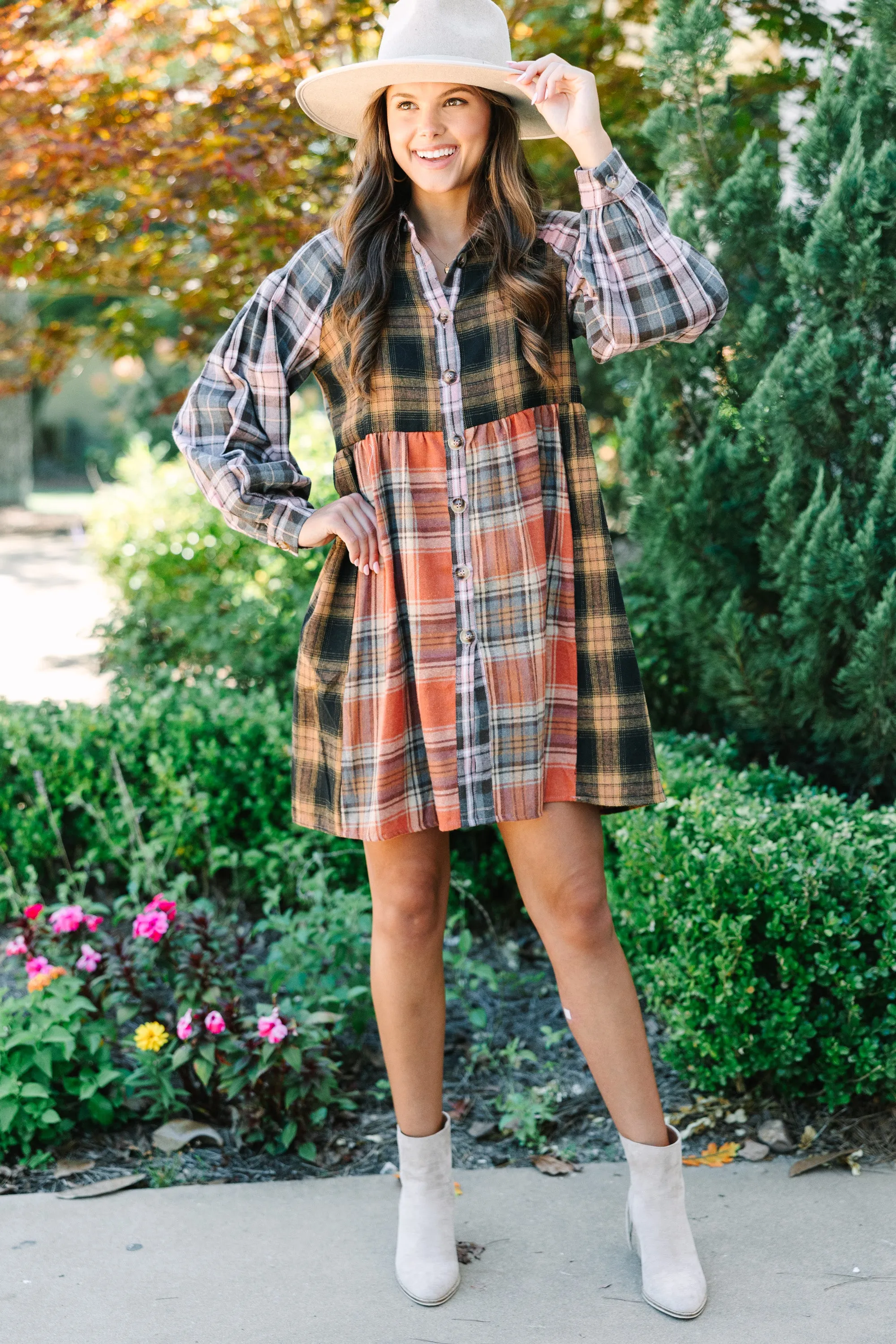 Turn You Around Orange Plaid Dress