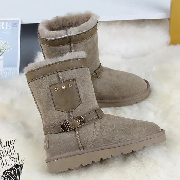 Women's Casual Belt Buckle Plush Mid-calf Snow Boots 90728258S