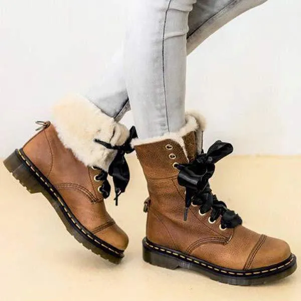 Women's Casual Brown Lace-Up Short Boots Snow Boots 27082306C