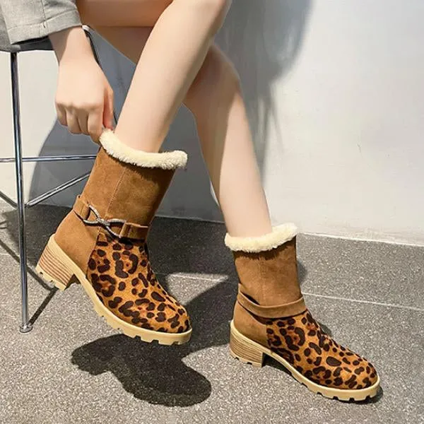 Women's Casual Leopard Print Buckle Block Heel Snow Boots 18161792S