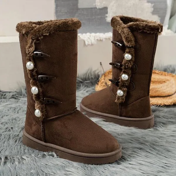 Women's Casual Pearl Button Decorated Long Snow Boots 26617893S