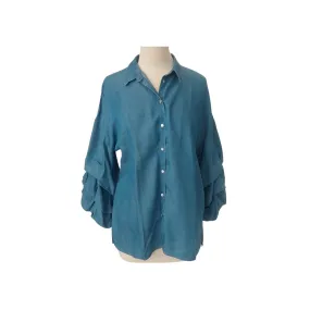 ZARA Blue Soft Denim Ruffled Sleeves Collared Shirt | Gently Used |