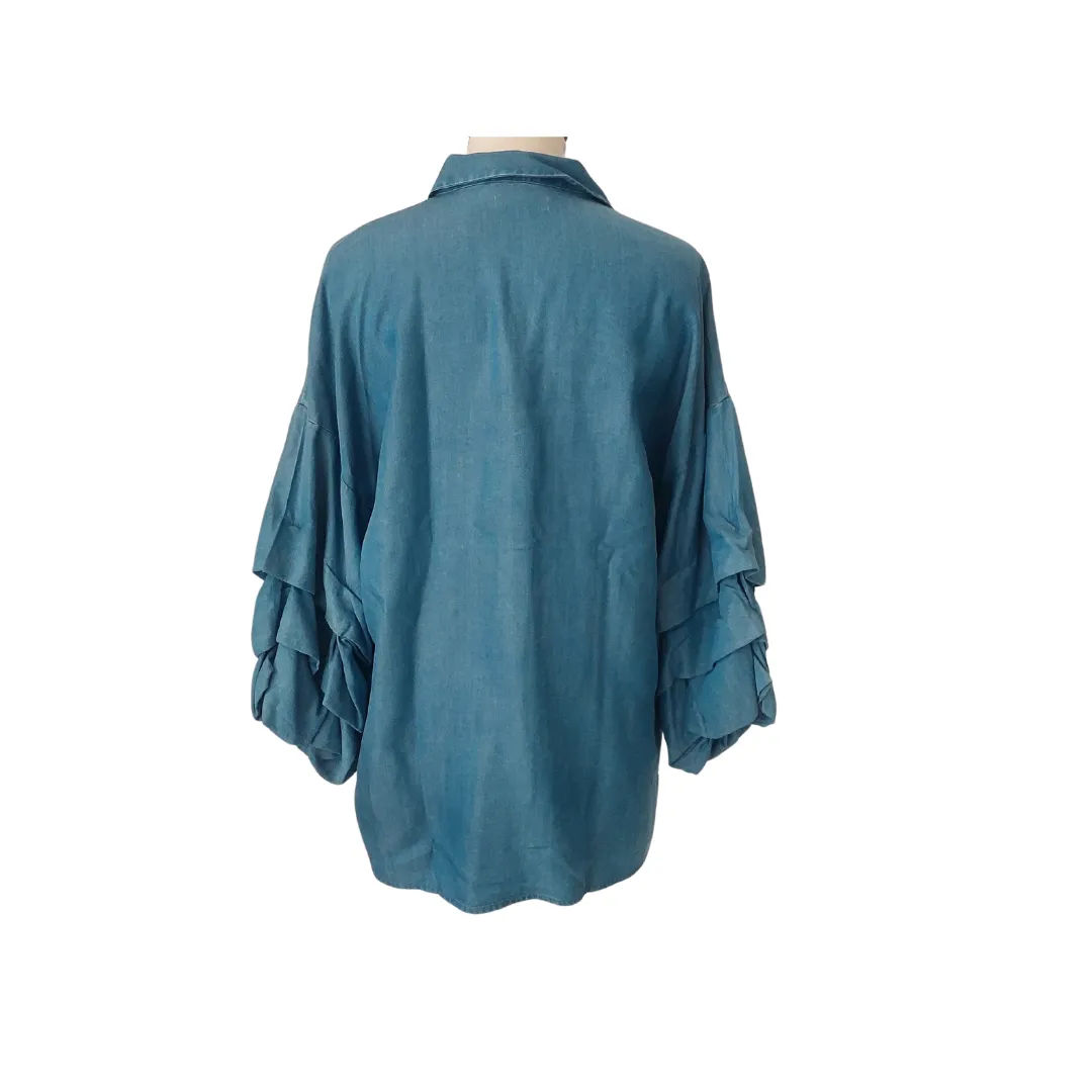 ZARA Blue Soft Denim Ruffled Sleeves Collared Shirt | Gently Used |