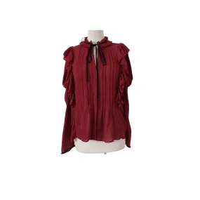 ZARA Maroon Frill Semi-sheer Pleated Black Neck-tie Blouse | Like New |