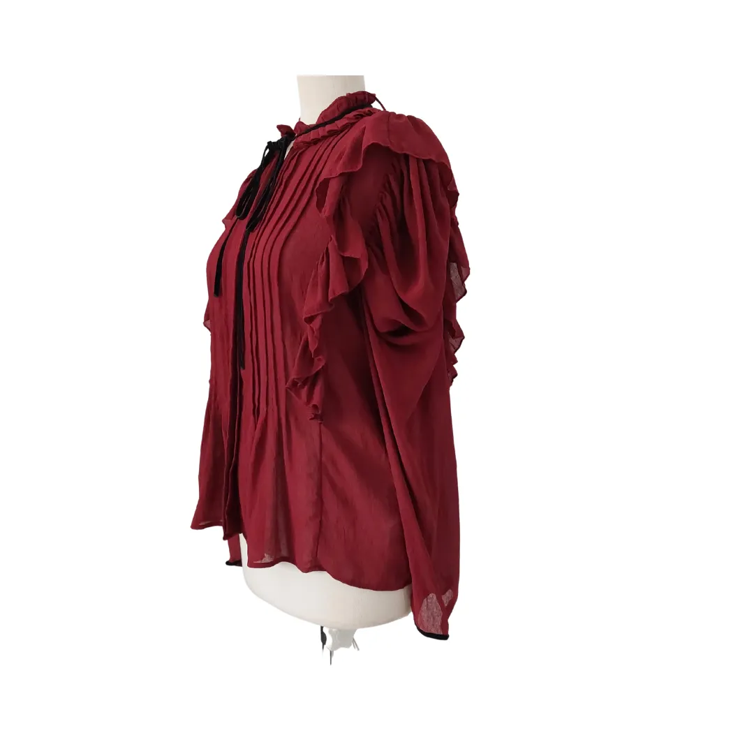 ZARA Maroon Frill Semi-sheer Pleated Black Neck-tie Blouse | Like New |