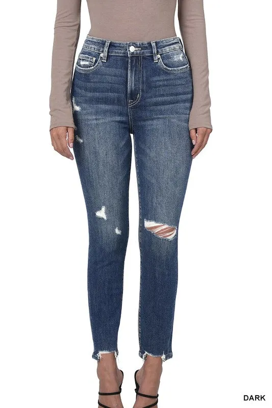 ZENANA DISTRESSED HEM ANKLE SKINNY JEANS